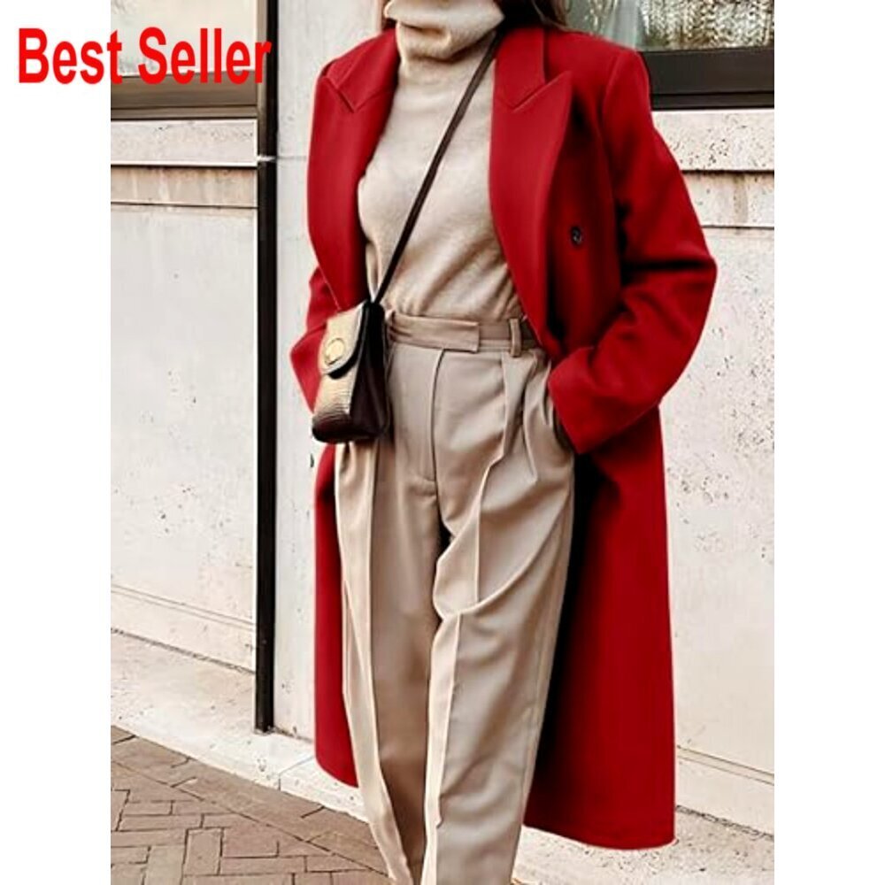 Long Wool Trench Coat Double Breasted Peacoat Classic Elegant Fall Winter - Picture 2 of 4
